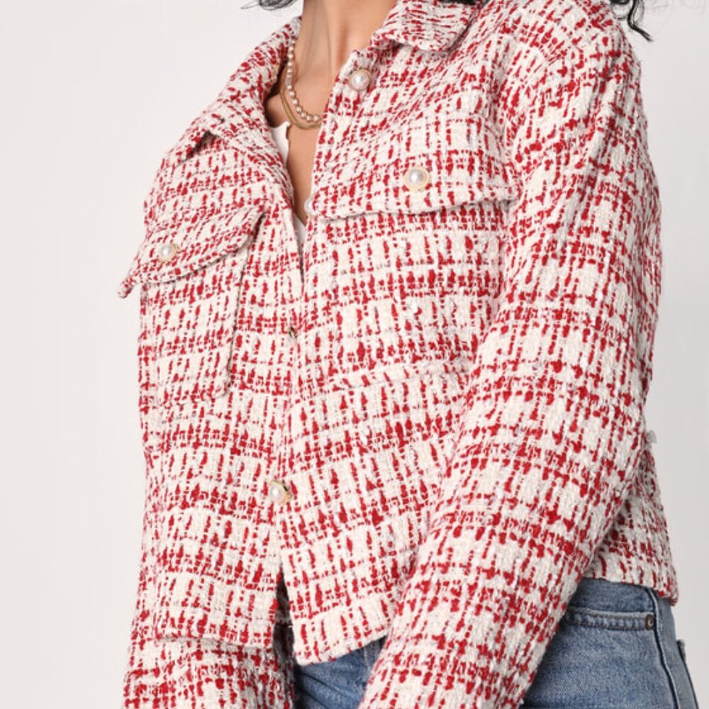 Lulus Prep Talk Red & White Pearl Button Tweed Shacket - Size S